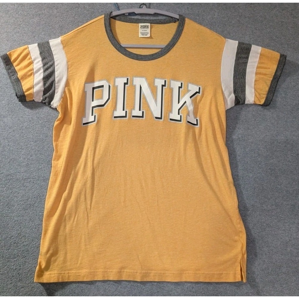 Victoria's Secret‎ PINK Varsity Ringer Tee Yellow Gray Stripe Shirt Womens M